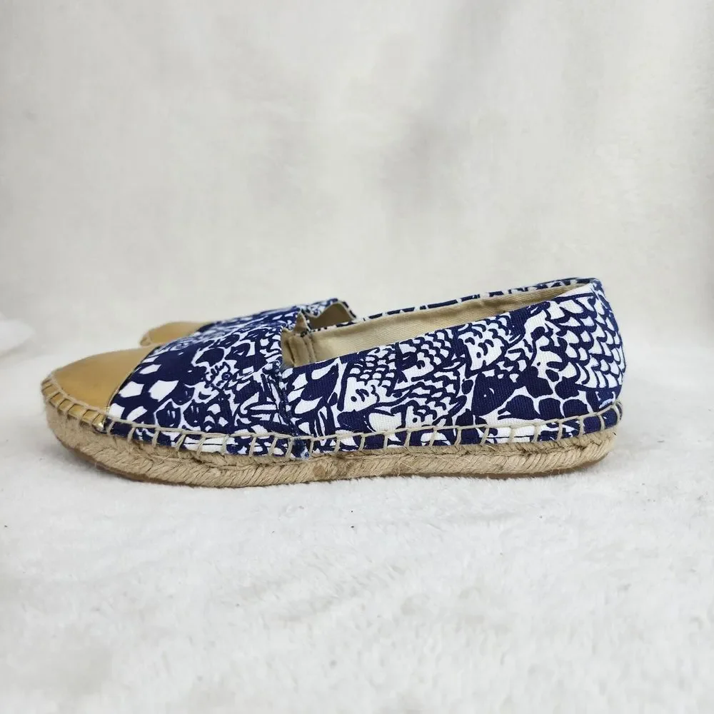 Lily Pulitzer Womens Blue White Floral Canvas Gold Toe Espadrill Slip On Flats 6